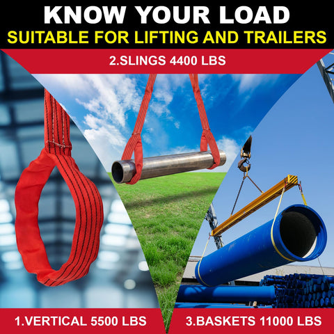 Two Pack 8.2 Foot Eye and Eye Polyester Round Lift Slings Set in use for lifting metal and pipes, red with loop design
