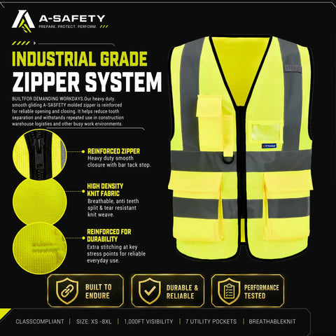 Hella Visible Reflective Safety Vest 100 Percent Polyester Machine Washable Durable Year Round Job Site Work Gear Yellow Big And Tall Construction Crew Plus Size 6XL 7XL 8XL