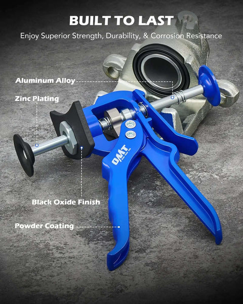 Speedy Brake Caliper Compression Tool For Quick Pad Replacements showing aluminum alloy construction and blue handle