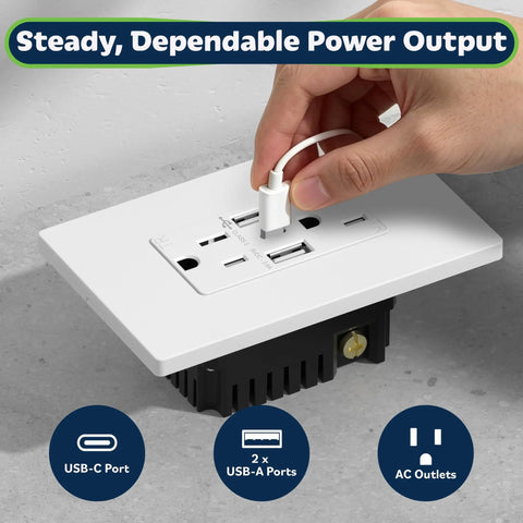 Hand plugging into 3 Port USB Outlet Wall Plate With Type C Fast Charge, 15 Amp Receptacle, Dual USB A and USB C Ports, Surge Protected