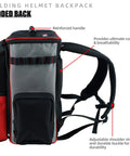 Side view of welding backpack with detachable helmet bag and built-in lunch tote, reinforced handle visible.