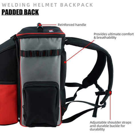Side view of welding backpack with detachable helmet bag and built-in lunch tote, reinforced handle visible.