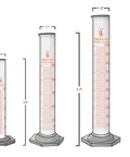 Three lab grade glass graduated cylinders 10ml, 50ml, 100ml with borosilicate glass and hexagonal base.