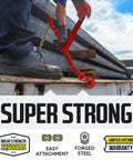 Heavy Duty Built Tough Ratcheting Chain Binder Set For Secure Tie Downs Fits Five Sixteenths To Three Eighths Inch Chain 9200 LB Working Load Limit Pack Of Four Forged Steel Handle And Cam And Pawl Design For Smooth Operation in use on truck