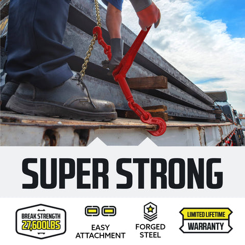 Heavy Duty Built Tough Ratcheting Chain Binder Set For Secure Tie Downs Fits Five Sixteenths To Three Eighths Inch Chain 9200 LB Working Load Limit Pack Of Four Forged Steel Handle And Cam And Pawl Design For Smooth Operation in use on truck