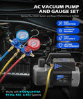Orion Motor Tech A2L AC vacuum pump and gauge set with blue and red gauges and hoses in a car engine bay.