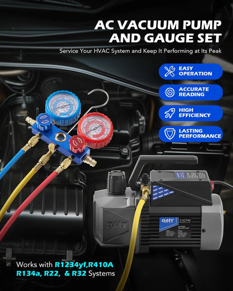 Orion Motor Tech A2L AC vacuum pump and gauge set with blue and red gauges and hoses in a car engine bay.
