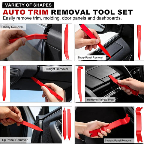 No Fuss 18 Piece Auto Trim Removal Kit With Non Scratch Plastic Pry Tools, showing various red tools for easy trim removal.