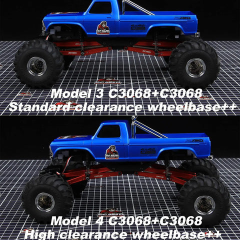 35mm Extended Wheelbase Suspension Kit With 70mm CVD Drive Shaft Upgrades For FMS FCX24 1 By 24 Crawlers - Extended Upper And Lower Linkage, Rock Bouncer Ready, Red Finish, All In One Upgrade showing red trailing arms installed on a blue RC truck