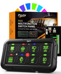 RGB 8 Gang Switch Panel With Momentary Toggle And Pulsed Memory For 12-24V Vehicles, shown with packaging and LED icons