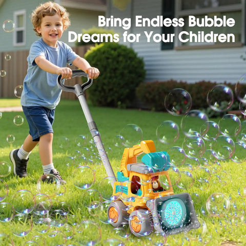 Child playing with Bubble Machine For Toddlers And Kids Vehicle Bubbles Lawn Mower Toy Rechargeable Bubble Blower outdoors