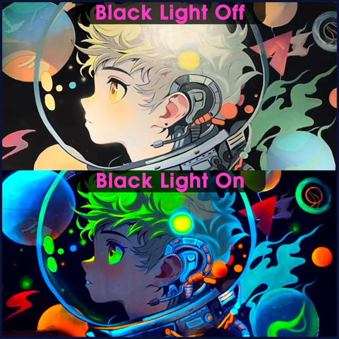 Ultra Bright LED Black Light Bulb 10W UVA 385 400nm A19 Base Lit Glow In The Dark Party Poster effect demonstration.