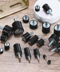 4 Pack Rubber Mounts D20mm X H15mm Vibration Isolators With M5 X 15mm Studs For Air Compressors Motors Pumps Boats And Garage Gear Eliminates Noise And Vibration For Better Performance And Longer Equipment Life black rubber mounts with M5 studs on wood surface