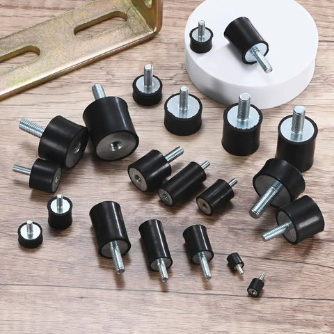 4 Pack Rubber Mounts D20mm X H15mm Vibration Isolators With M5 X 15mm Studs For Air Compressors Motors Pumps Boats And Garage Gear Eliminates Noise And Vibration For Better Performance And Longer Equipment Life black rubber mounts with M5 studs on wood surface