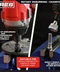 Three Piece External and Internal Rotary Deburring and Chamfer Tool Kit for Pipes and Fasteners in use on metal and wood.