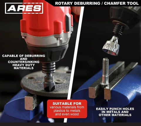Three Piece External and Internal Rotary Deburring and Chamfer Tool Kit for Pipes and Fasteners in use on metal and wood.