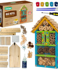 Sweet Bug Hotel Kit for Kids Easy Cedar Wood Insect House Craft Kit with tools, paints, glue, and screws shown.