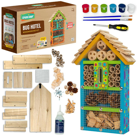 Sweet Bug Hotel Kit for Kids Easy Cedar Wood Insect House Craft Kit with tools, paints, glue, and screws shown.