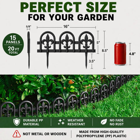 Black Garden Border Edging Kit With PP Plastic Metal Free Wrought Iron Look 15 Pieces 20 Foot Kit dimensions and installation