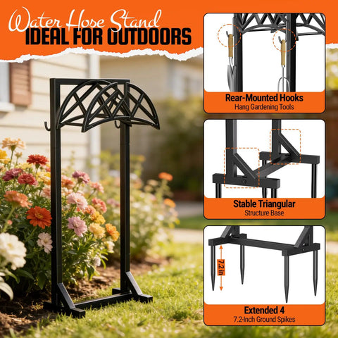 Beefy Heavy Duty Metal Hose Holder With Freestanding Stand And Stable Triangular Base includes tool hooks and ground spikes