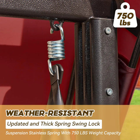 Close-up of metal spring and support frame on 3 In 1 Outdoor Porch Swing With Adjustable Canopy For Adults in wine red