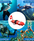 Collage with scuba divers and inflatable dive float torpedo buoy for scuba freediving snorkeling and spearfishing with flag.