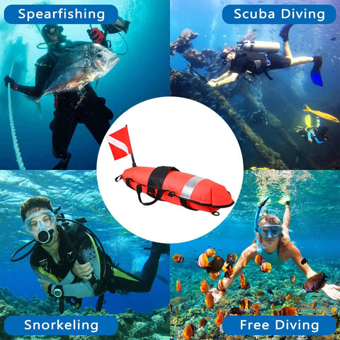 Collage with scuba divers and inflatable dive float torpedo buoy for scuba freediving snorkeling and spearfishing with flag.