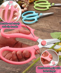 Three Pack Garden Flower Scissors Stainless Steel Floral Shears With All Day Comfort Grip Handles in pink, blue, and green on wood surface