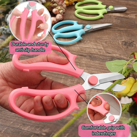 Three Pack Garden Flower Scissors Stainless Steel Floral Shears With All Day Comfort Grip Handles in pink, blue, and green on wood surface