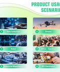 Product usage scenarios for serial data logger in data collection, drones, robots, teaching, manufacturing, and electronics.