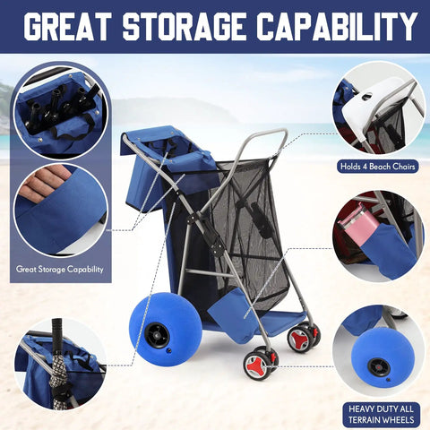 Foldable Beach Cart With 12 Inch Balloon Wheels That Rolls Smooth On Sand And Grass 100 Pound Capacity Wagon With Aluminum Frame