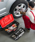 Mechanic using Portable Tool Box Set 3 Pack With Removable Tray near car, open red-black toolbox with tools visible