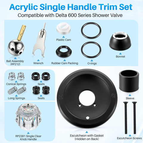 Shower Handle Renovation Kit For Delta RP6046 And 600 Series Valves, Single Handle Trim Replacement In Matte Black parts layout