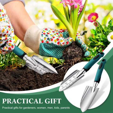 Two Piece Garden Hand Trowel Set With Aluminum Alloy Bodies And Rubber Handles Dual Style Cultivating Tools With Inches And Centimeters Depth Scales Ideal For Digging Holes Transplanting Planting And Garden Care shown being used by a gardener wearing floral gloves