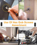 Heavy Duty M3 Set Screws Kit With 350 Pieces Headless Grub Screws in use on various installations and surfaces, internal hex drive visible.