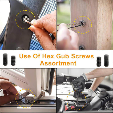 Heavy Duty M3 Set Screws Kit With 350 Pieces Headless Grub Screws in use on various installations and surfaces, internal hex drive visible.