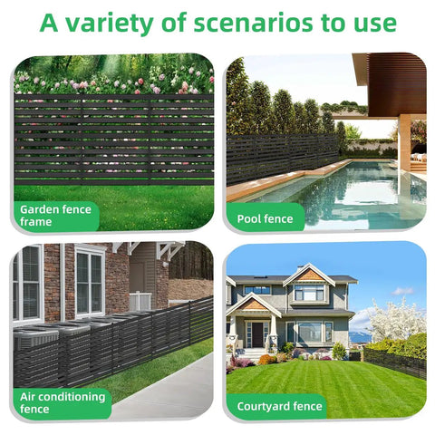 Four scenarios showing 38 Inch Wide By 42 Inch High Air Conditioner Fence Screen Three Panel Outdoor Enclosure applications