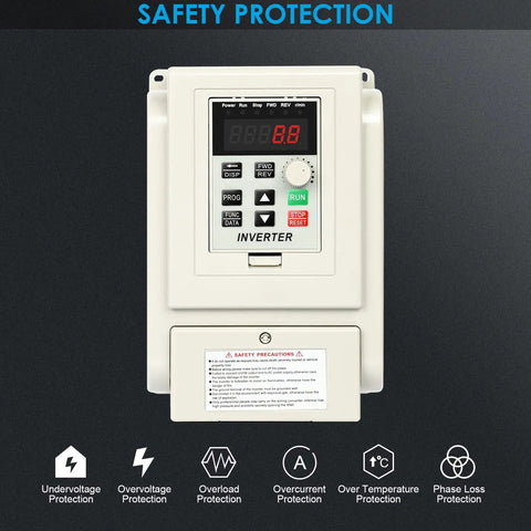 Front view of 4KW 220V VFD Inverter With Single Phase Input To Three Phase Output For Motor Speed Control, showing safety protection features.