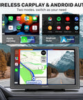 Wireless CarPlay Screen For Cars 9 Inch HD Touchscreen Portable Car Stereo With Android Auto Backup Camera Mirror Link GPS Navigation Voice Control And AUX Plug And Play Fits Any Ride displaying Apple CarPlay and Android Auto features.