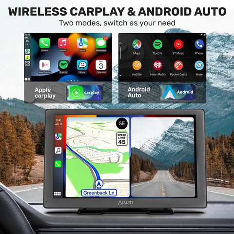 Wireless CarPlay Screen For Cars 9 Inch HD Touchscreen Portable Car Stereo With Android Auto Backup Camera Mirror Link GPS Navigation Voice Control And AUX Plug And Play Fits Any Ride displaying Apple CarPlay and Android Auto features.