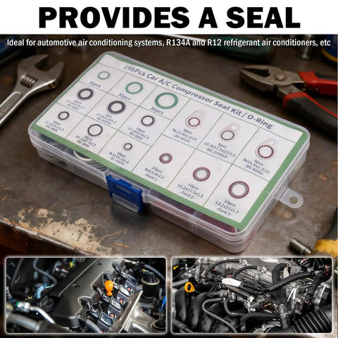 195 Piece O Ring Assortment Kit For Car Air Conditioning Systems with multi-size O rings, gaskets, toolbox on a workbench