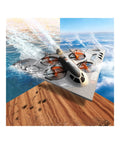 Triple Threat RC Drone For Land Sea And Air With 360 Flip And Three Driving Modes Collision Protection Foam Toy For Boys And Girls Remote Control Bomber Plane With Lit Lights Silver flying above water and desert.