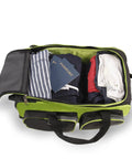 Open Neon Lime 22 Inch Lightweight Carry On Rolling Duffel Bag with clothes and passport visible inside, padded top handle