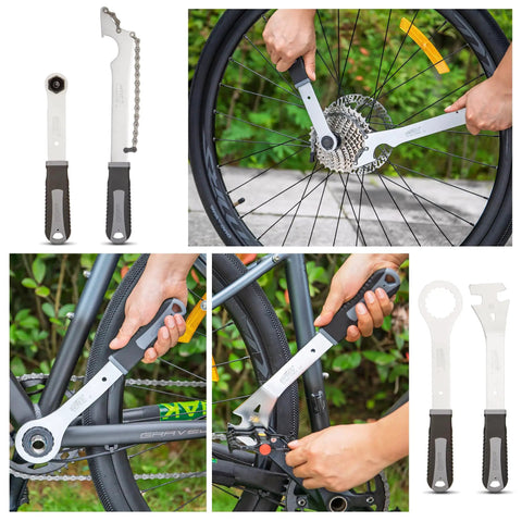 30 Piece Bike Repair Kit With Carry Case For Road And Mountain Bikes, showing tools on a bike for tires, brakes, chains adjustments.