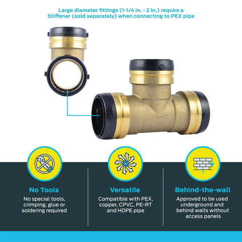 Image showing a Brass Push To Connect Tee Fitting For Plumbing Quick Installation With PEX Copper CPVC PE-RT SDR-9 HDPE Pipes.