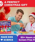 Father and child using Hands On Science Kit For Kids Aged 4 To 8 With 50 Plus Experiments for STEM activities and fun learning.