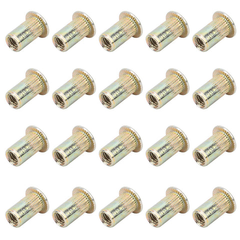 Professional Grade Durable Zinc Coated Rivet Nut Kit With 100 Count M4 Threaded Inserts arranged in a grid.