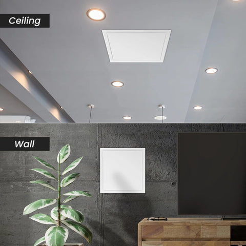 Heavy Duty Galvanized Steel Access Panel For Drywall Ceilings White Wall Cover With Slick Single Hand Latch Built Like Tank For Plumbing Electrical Hvac Upkeep And Zero Fuss Installation shown installed in ceiling and wall.