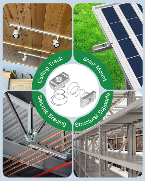Heavy Duty Strut Channel Spring Nuts With Anti Drop Flared Springs For Quick One Hand Installation In Slotted Frames 1 2 13 Thread Galvanized Steel 50 Piece Pack showcased in various applications including ceiling tracks and solar mounts.