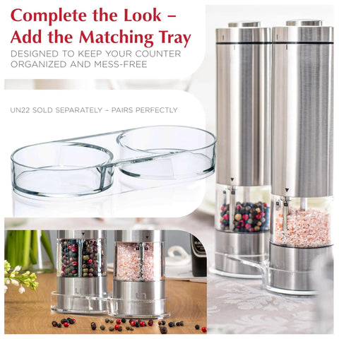 Battery Operated Salt And Pepper Grinder Set With Light Stainless Steel Mills Two Piece Auto One Handed Operation Electronic Adjustable Shakers